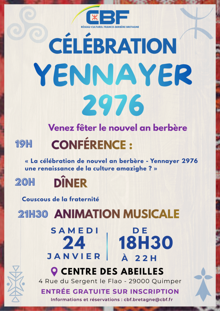 Célébration de Yennayer 2976 à Quimper : une soirée du Nouvel An amazigh, le samedi 24 janvier 2026