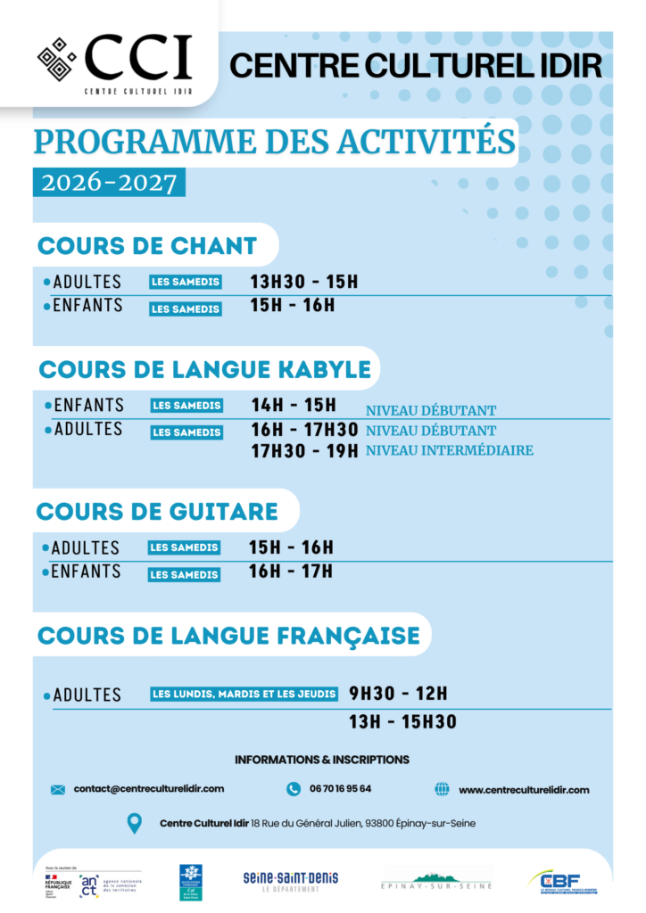 Programme des activités 2026-2027 du Centre Culturel Idir à Épinay