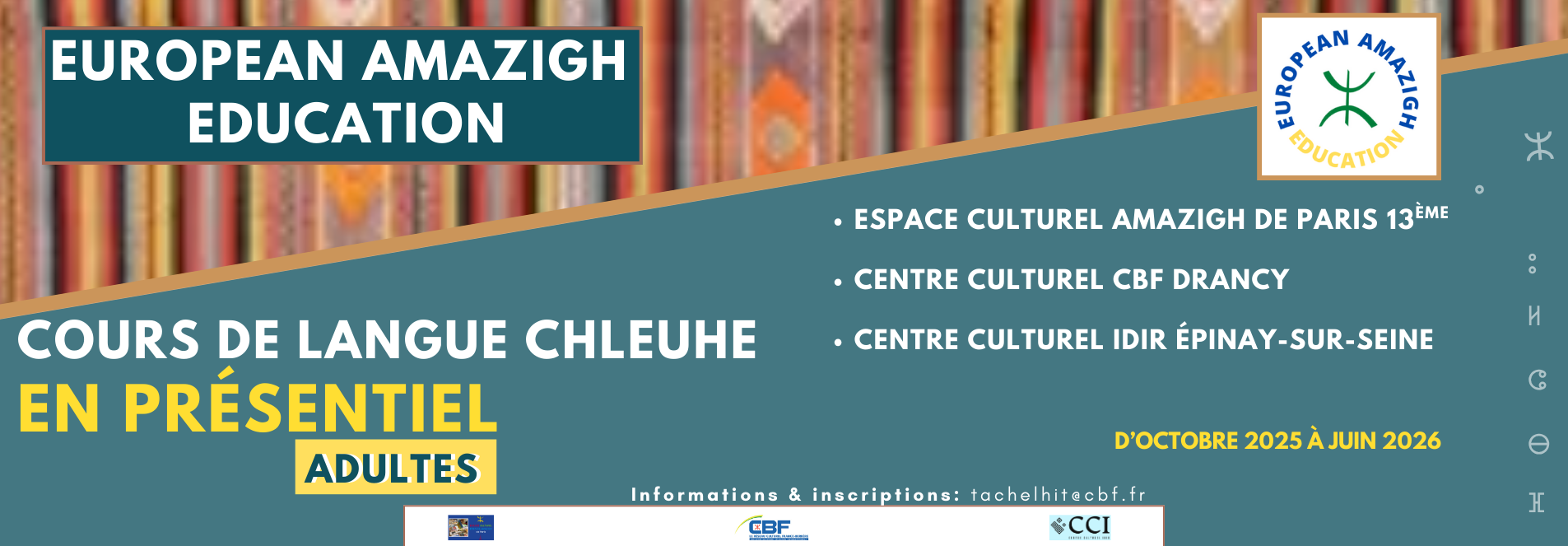 Lancement des cours de langue chleuhe en présentiel pour adultes Ouverture de cours de langue chleuhe en présentiel, destinés aux adultes, pour l’année 2025-2026. Une initiative pour la transmission et la valorisation de la langue amazighe. Ces cours s’inscrivent dans la continuité des actions menées en faveur de la sauvegarde, de l’apprentissage et de la diffusion de la langue et de la culture amazighes. La langue chleuhe (tachelhit) constitue l’un des grands ensembles linguistiques amazighs et représente un patrimoine vivant à transmettre aux générations futures.